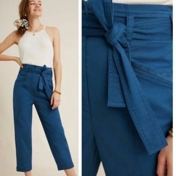 Anthropologie Women’s Size 12 Teal Ellie Embroidered Pockets Utility Pants Belt - Picture 1 of 16